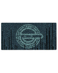 32x16 inches anime mouse pad with teal falling code forming a sharp hacker face on dark navy background.