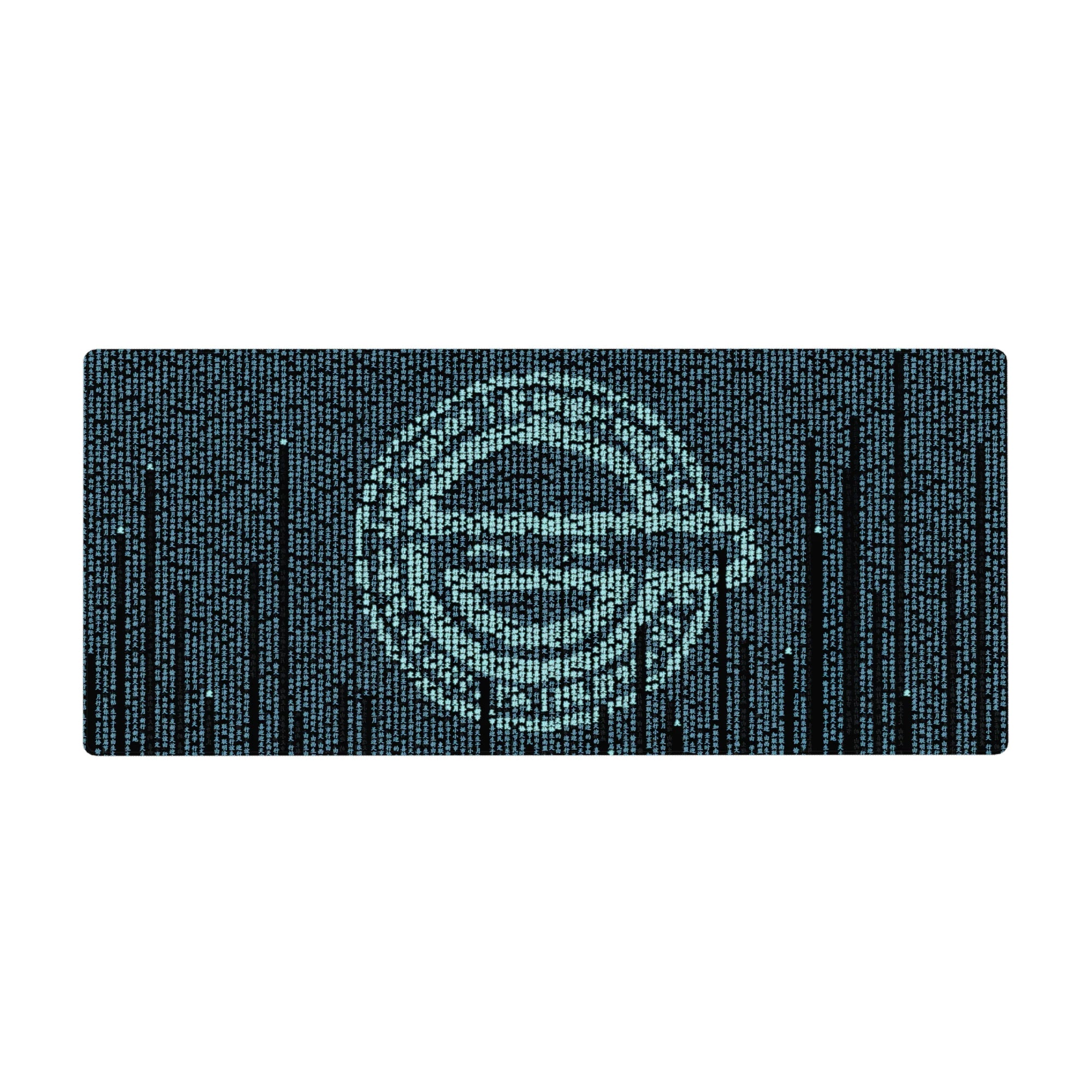 36x16 inches anime desk pad with teal code rain forming a sharp anime face on dark navy background.
