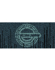 36x16 inches anime desk pad with teal code rain forming a sharp anime face on dark navy background.