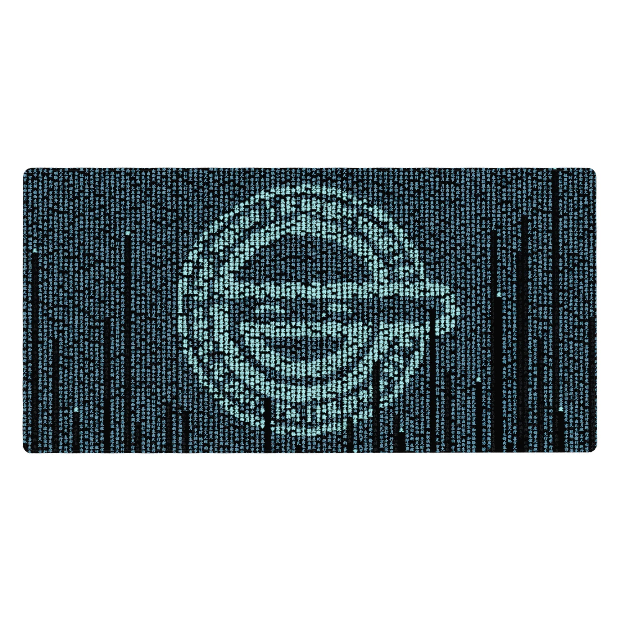 Anime desk pad 40x20 inches with teal code rain forming a sharp anime face on dark navy.