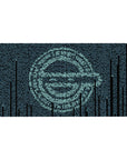 Anime desk pad 40x20 inches with teal code rain forming a sharp anime face on dark navy.