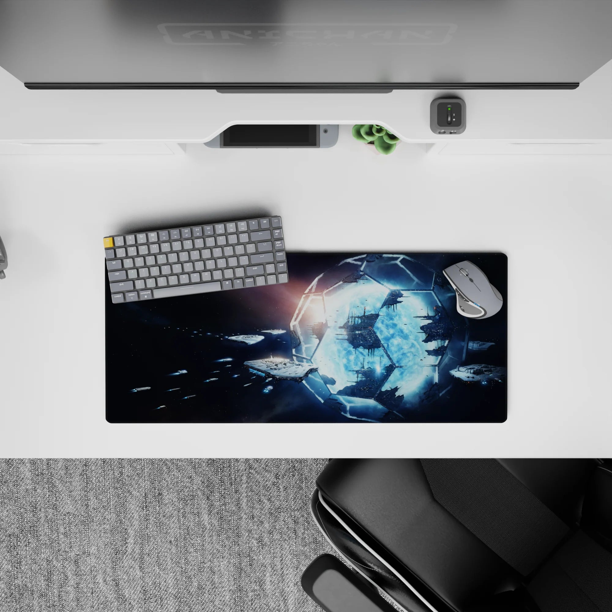 Dark starfield mouse pad 28x12 inches in deep black and icy blue, calm late‑night sci‑fi vibe.