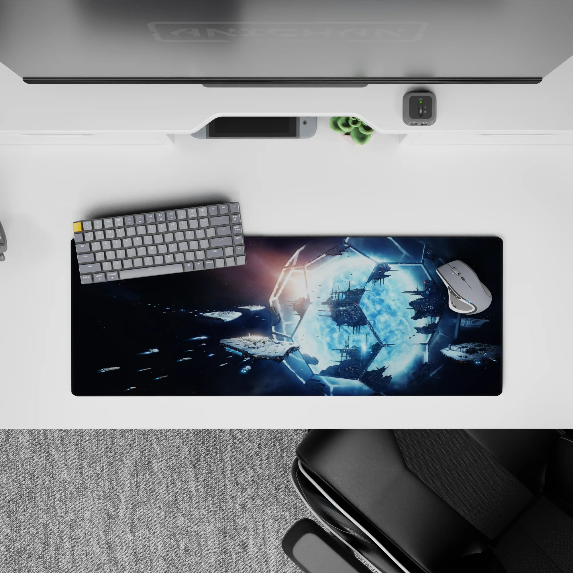 Dark starry mouse pad 32x12 inches with icy blue glow, calm late-night sci-fi mood, clean desk look.