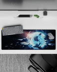 Dark starry mouse pad 32x12 inches with icy blue glow, calm late-night sci-fi mood, clean desk look.
