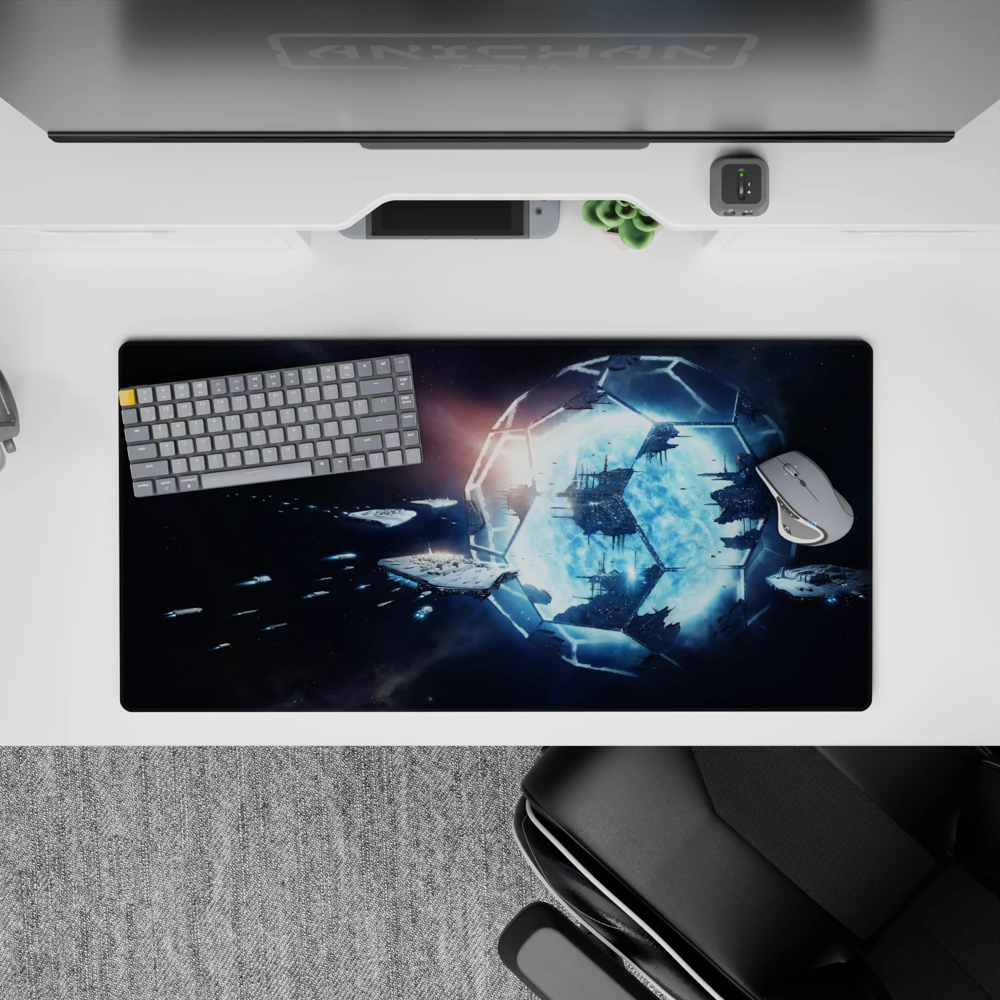 Dark starfield mouse pad 32x16 inches in icy blue glow, calm late‑night sci‑fi desk vibe.
