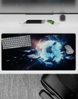 Dark starfield mouse pad 32x16 inches in icy blue glow, calm late‑night sci‑fi desk vibe.