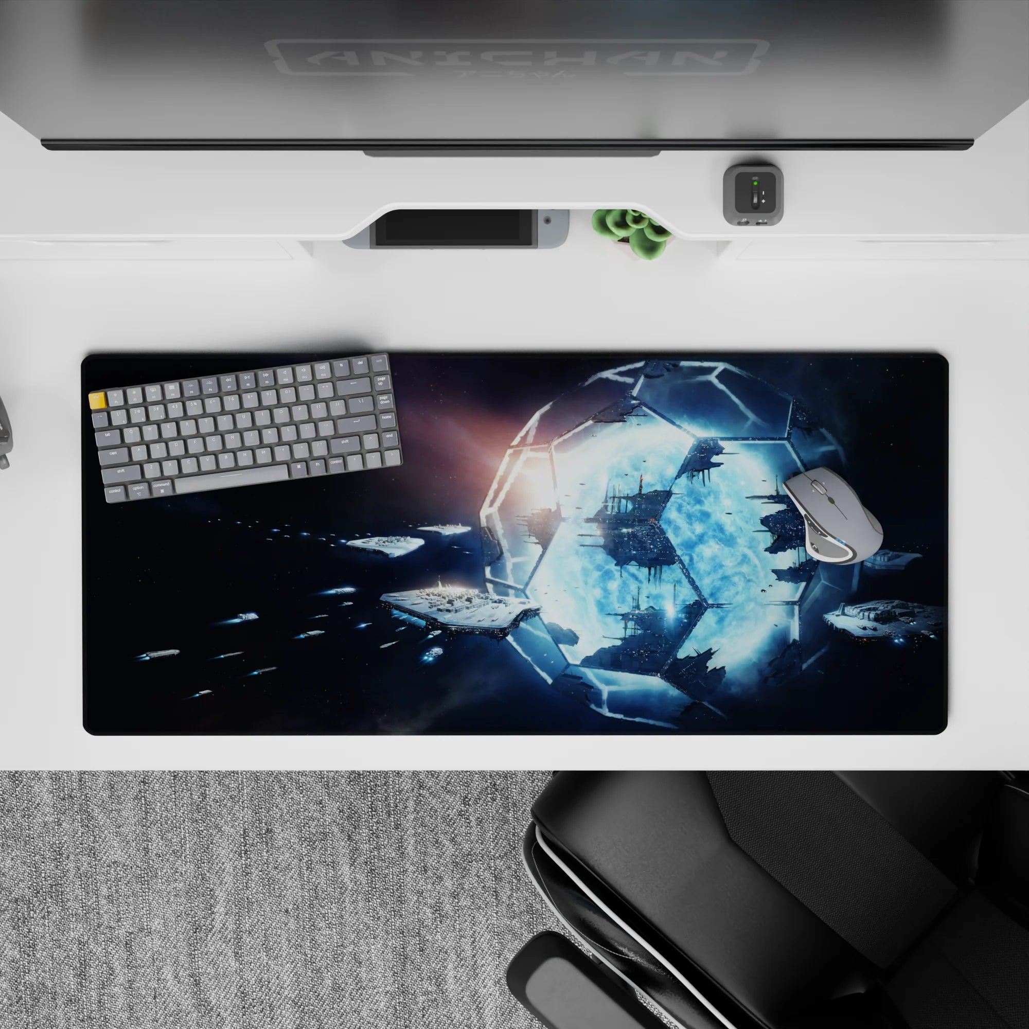 Dark sci-fi desk pad 36x16 inches in deep black with icy blue light accents for a calm, clean setup.