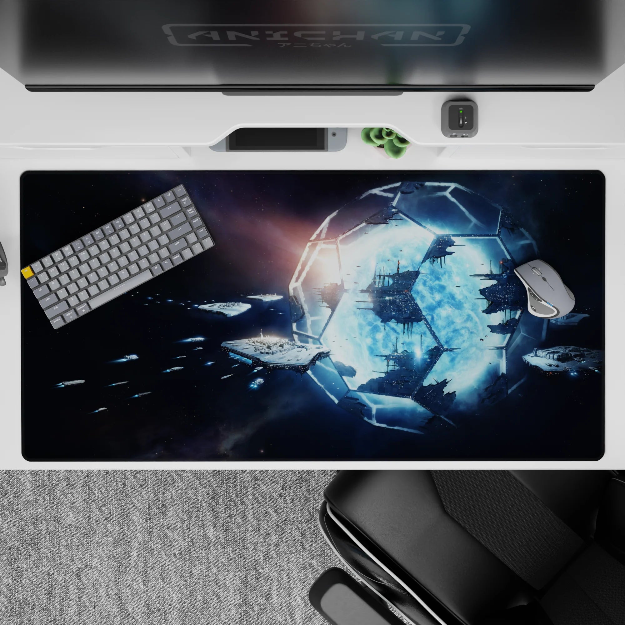 Dark starry desk pad 40x20 inches in cool blues and blacks, calm late-night sci-fi mood.