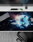 Dark starry desk pad 40x20 inches in cool blues and blacks, calm late-night sci-fi mood.