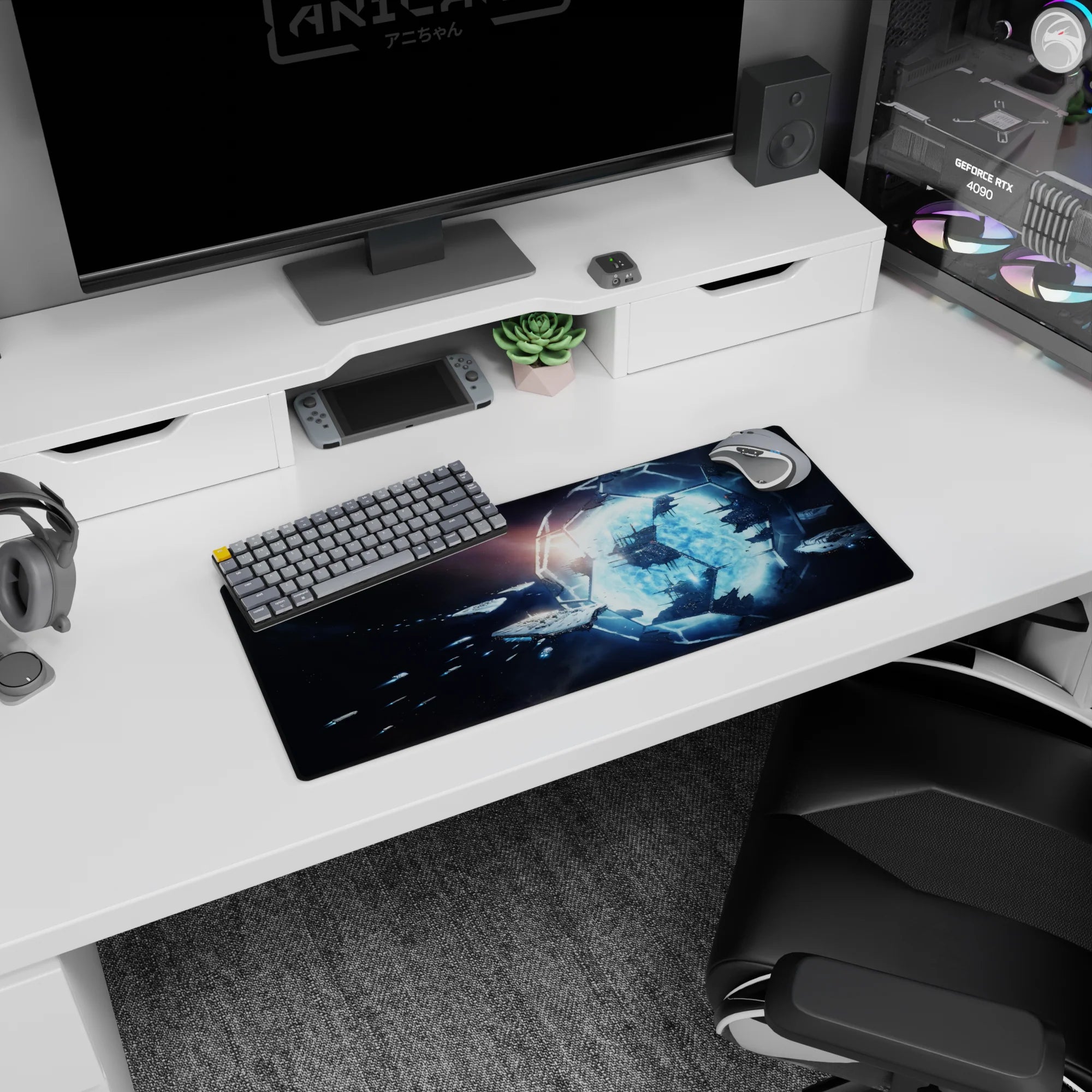 Glowing blue gateway in a star‑dusted void mouse pad 28x12 inches with tiny ships drifting nearby.