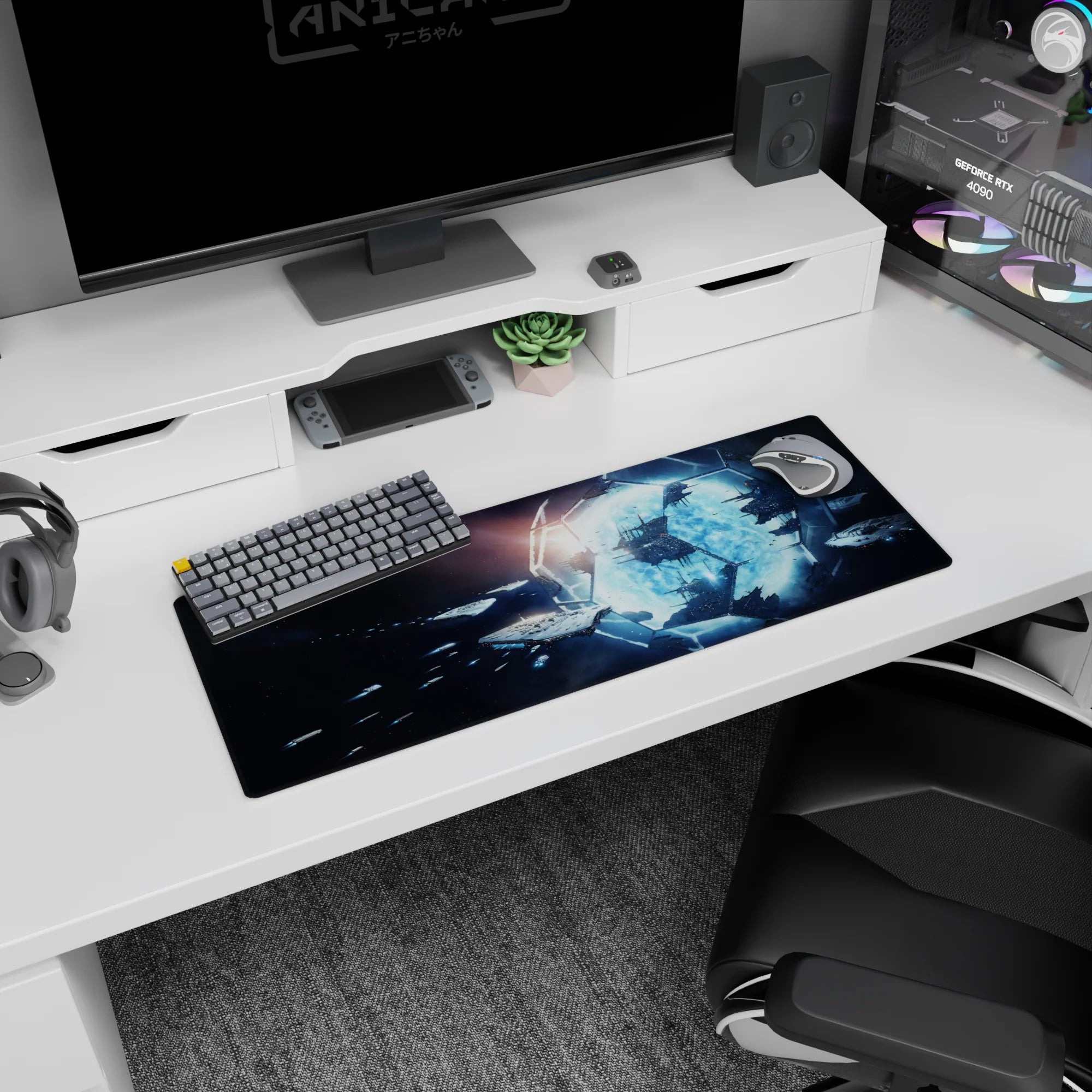Glowing blue portal scene mouse pad 32x12 inches with shadowy ships drifting through star-dusted space.