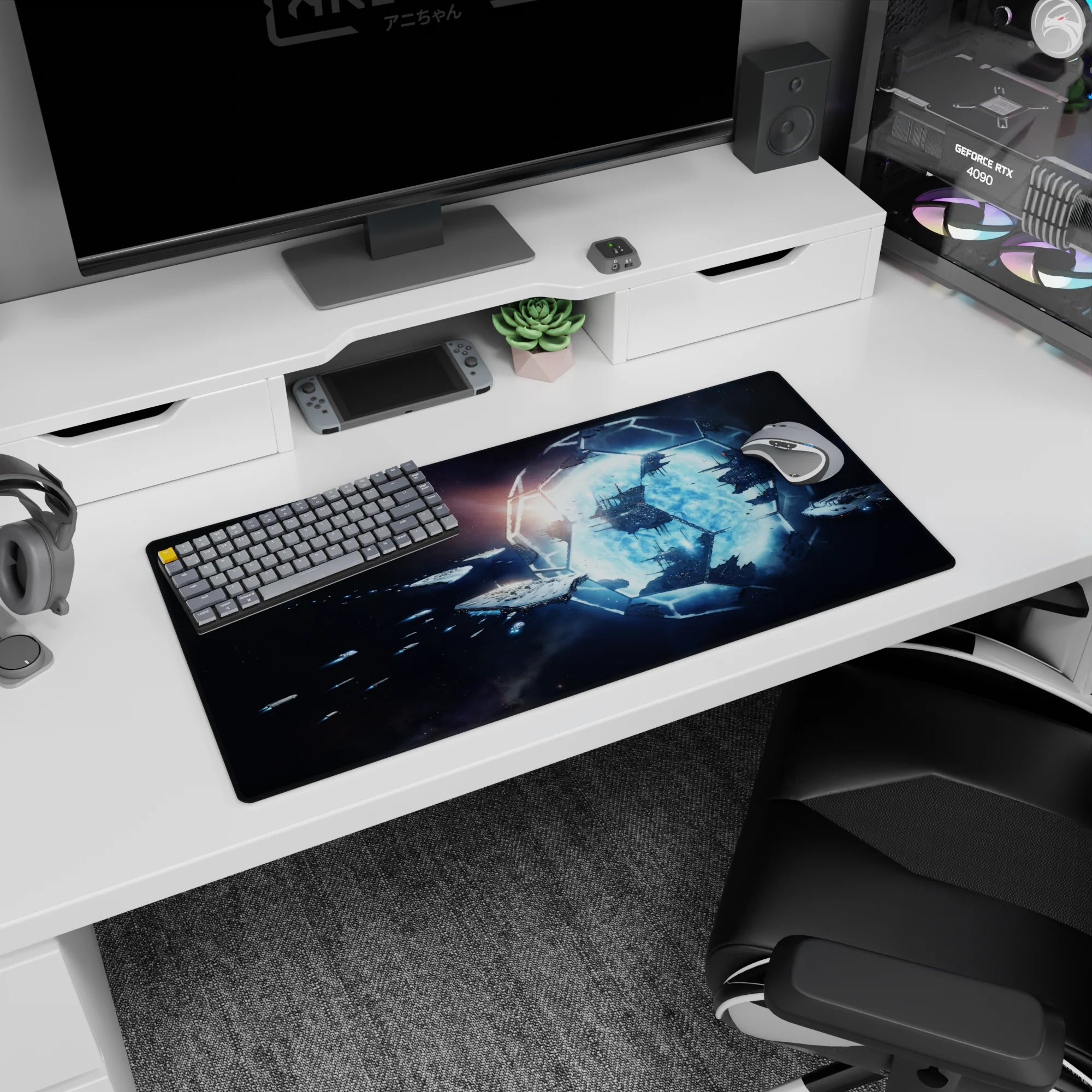 Glowing blue portal in a star‑dusted void mouse pad 32x16 inches with tiny shadowy ships.