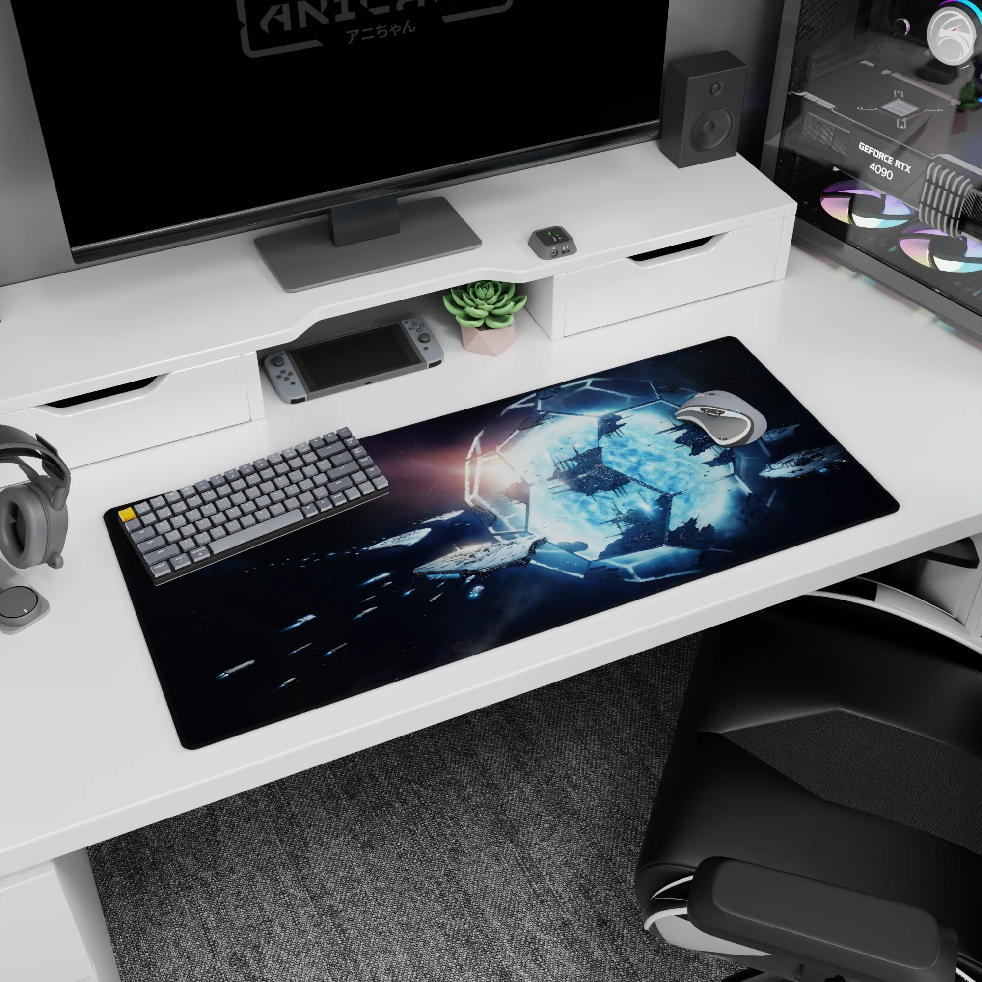 Star-dusted void desk pad 36x16 inches featuring a glowing blue portal and shadowy ships drifting nearby.