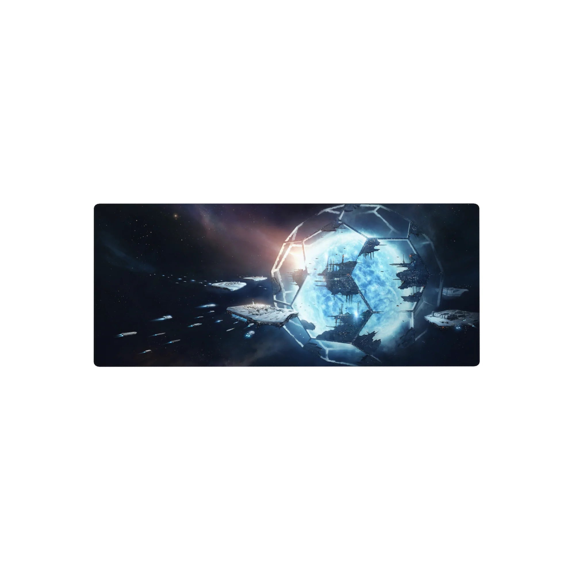 Space sci‑fi desk mouse pad 28x12 inches with hex panel frame, blue portal glow, and distant ships.