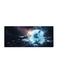 Space sci‑fi desk mouse pad 28x12 inches with hex panel frame, blue portal glow, and distant ships.