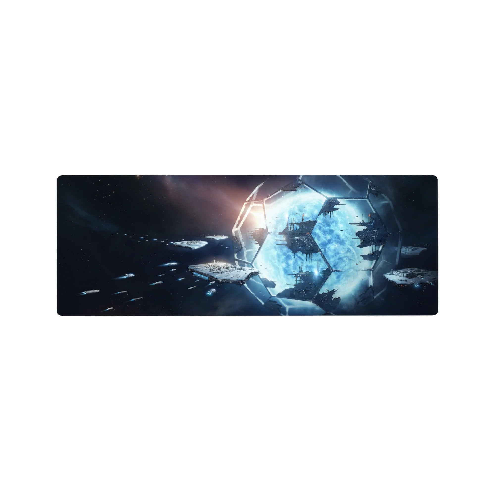 Sci-fi space gateway mouse pad 32x12 inches with hex panel frame and distant ships in the void.