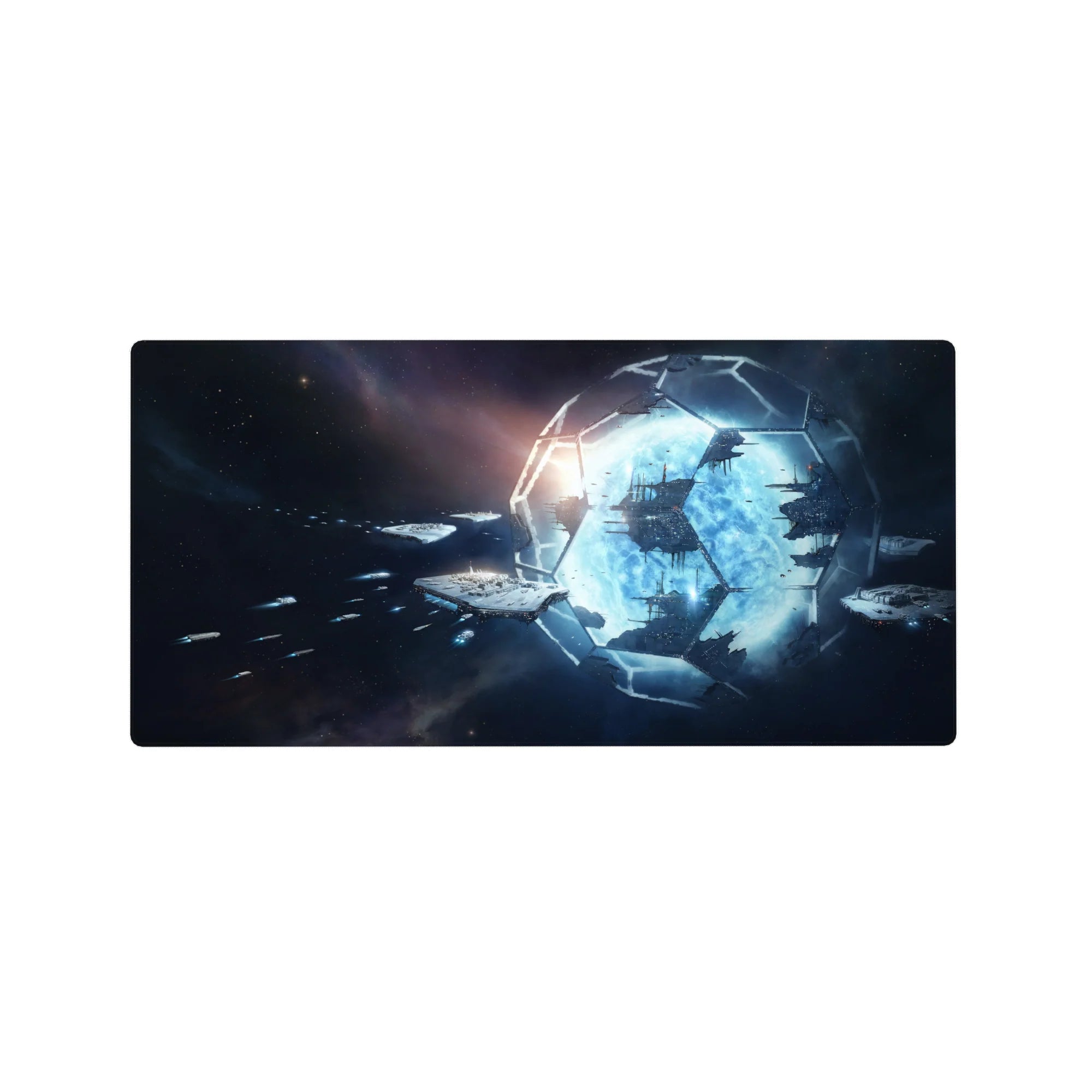 Space sci‑fi mouse pad 32x16 inches with hex panel frame, glowing gateway, and distant ships.