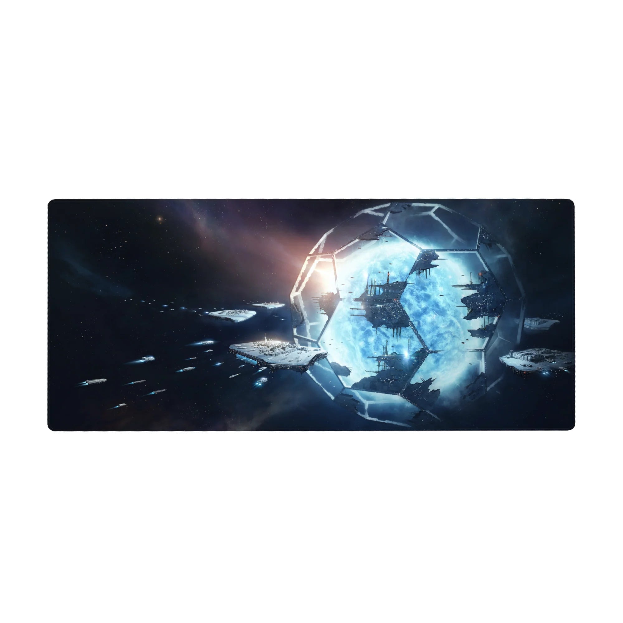 Space-themed desk pad 36x16 inches with hex panel border, blue gateway glow, and tiny ships in the void.