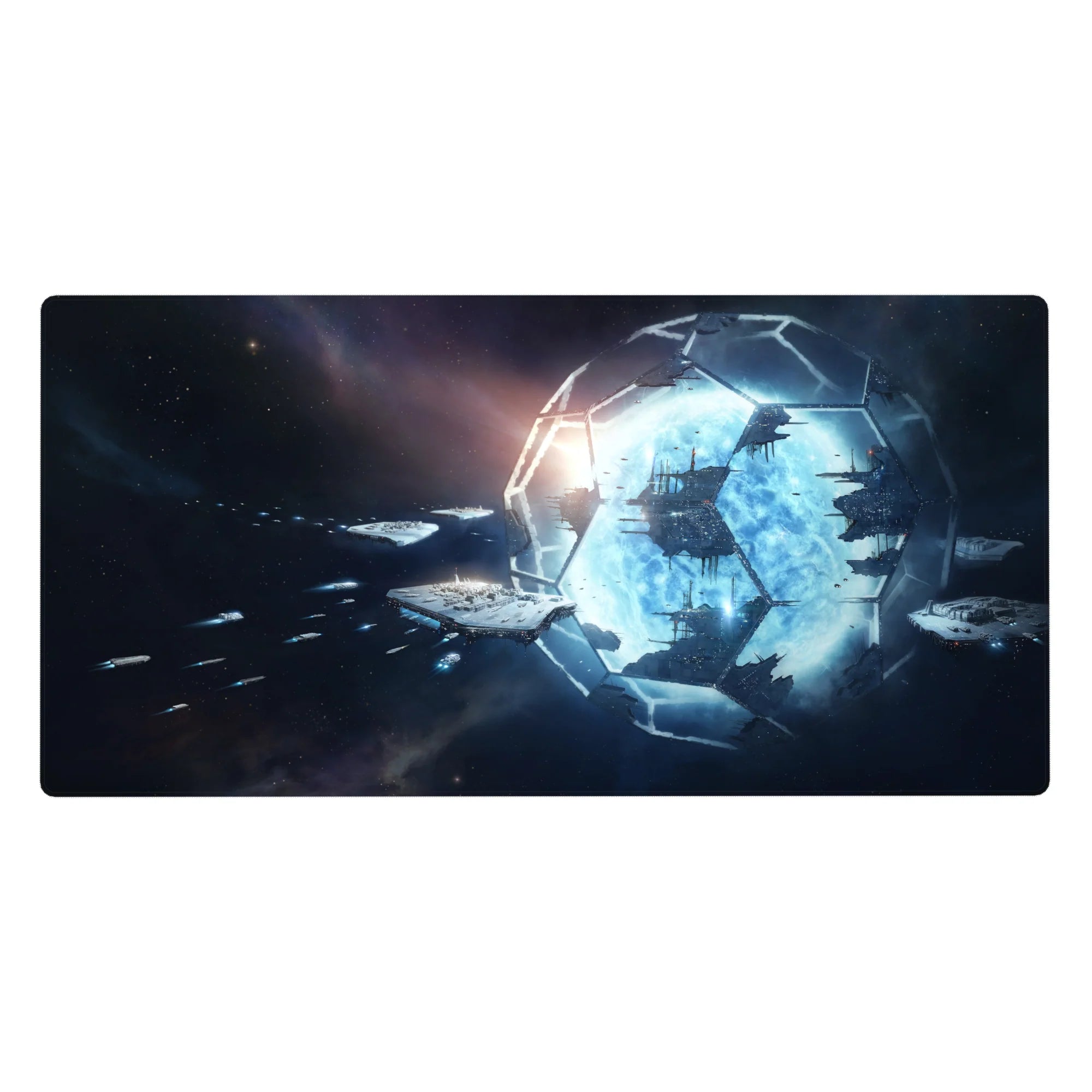 Sci-fi space desk pad 40x20 inches with hex panels, blue portal glow, and distant shadow ships.