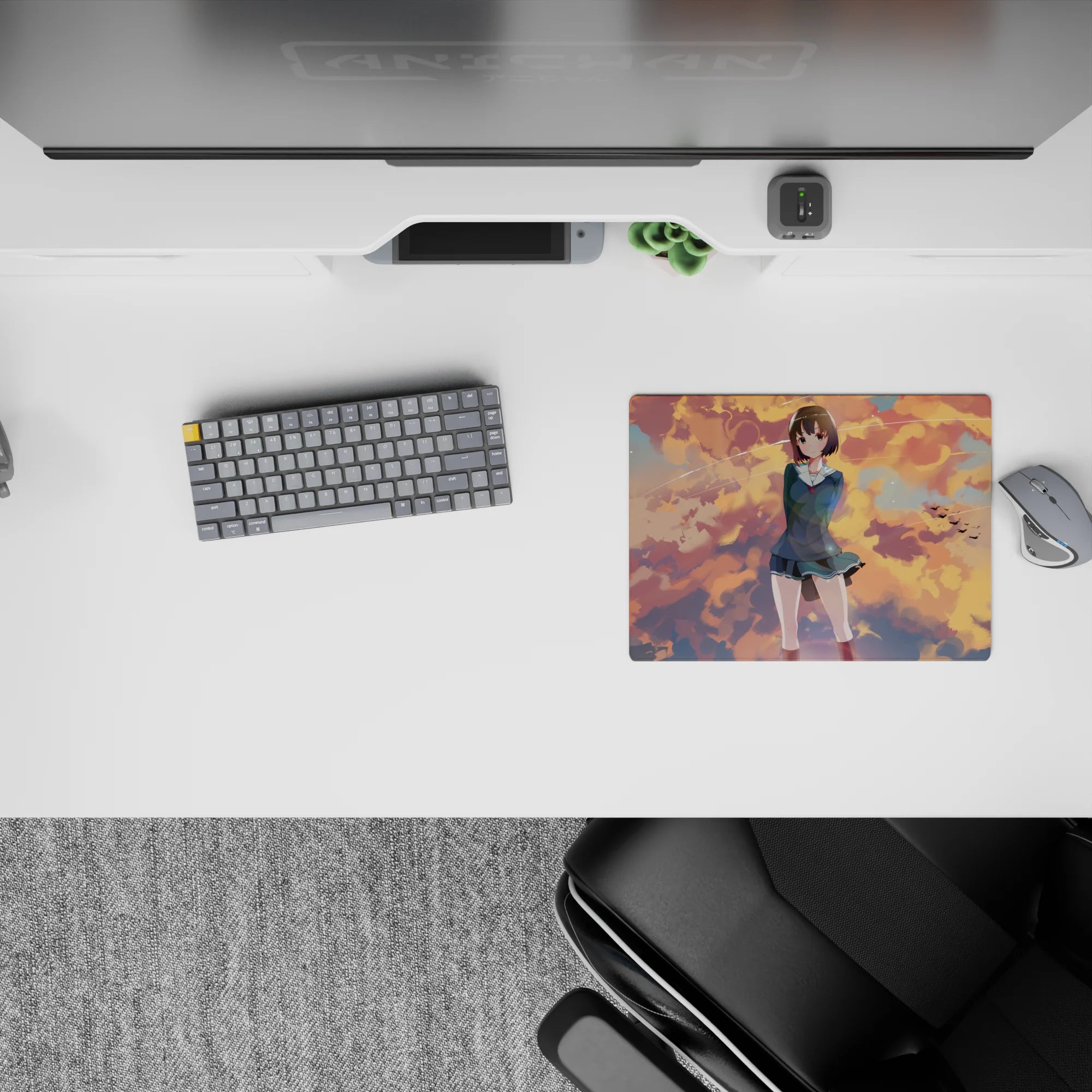 Cozy 14x10 inches anime girl mouse pad in peach-gold sunset tones with cool blue trails and birds.