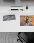 Cozy 14x10 inches anime girl mouse pad in peach-gold sunset tones with cool blue trails and birds.