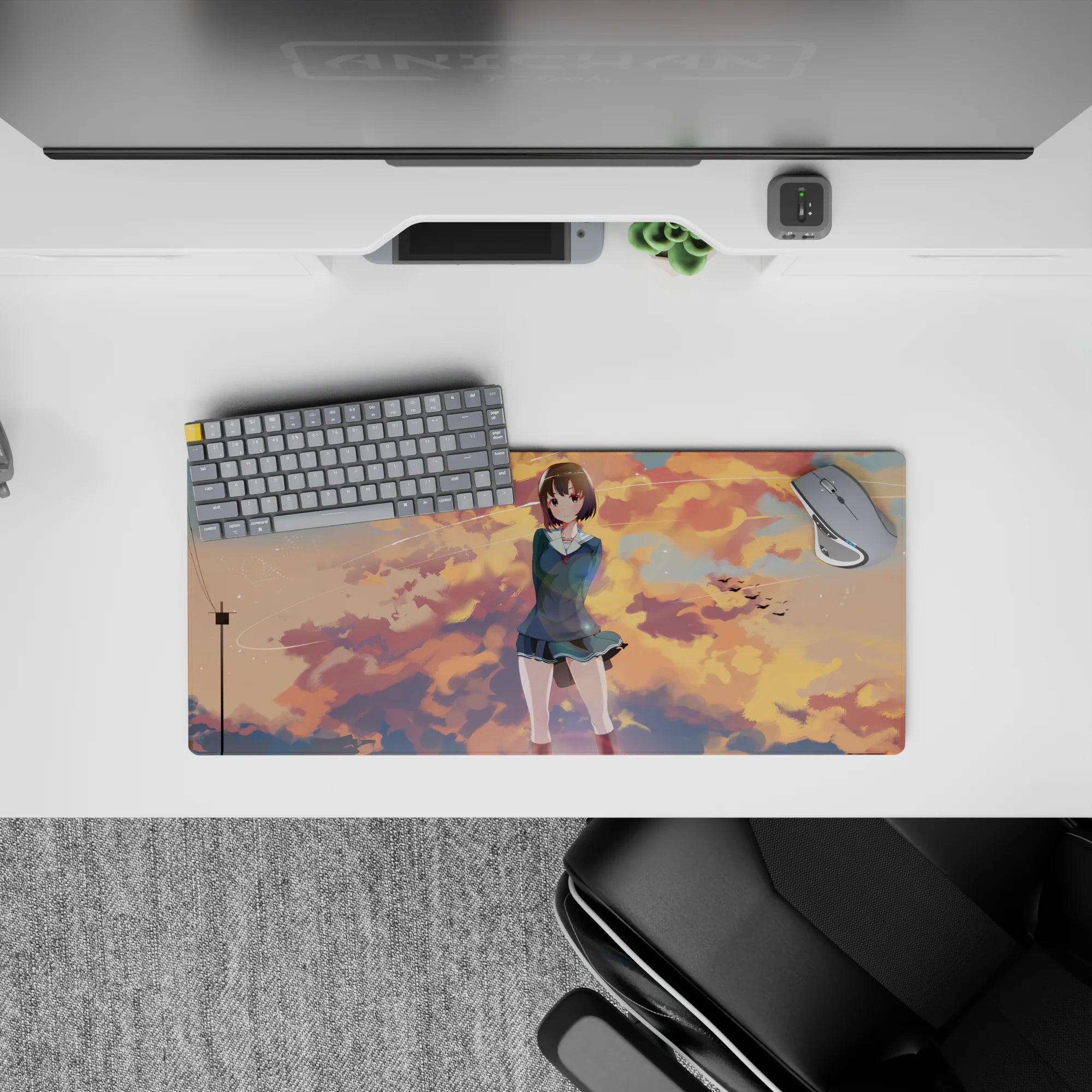 Cozy sunset anime girl mouse pad 28x12 inches in peach-gold and cool blue tones, calming desk vibe.
