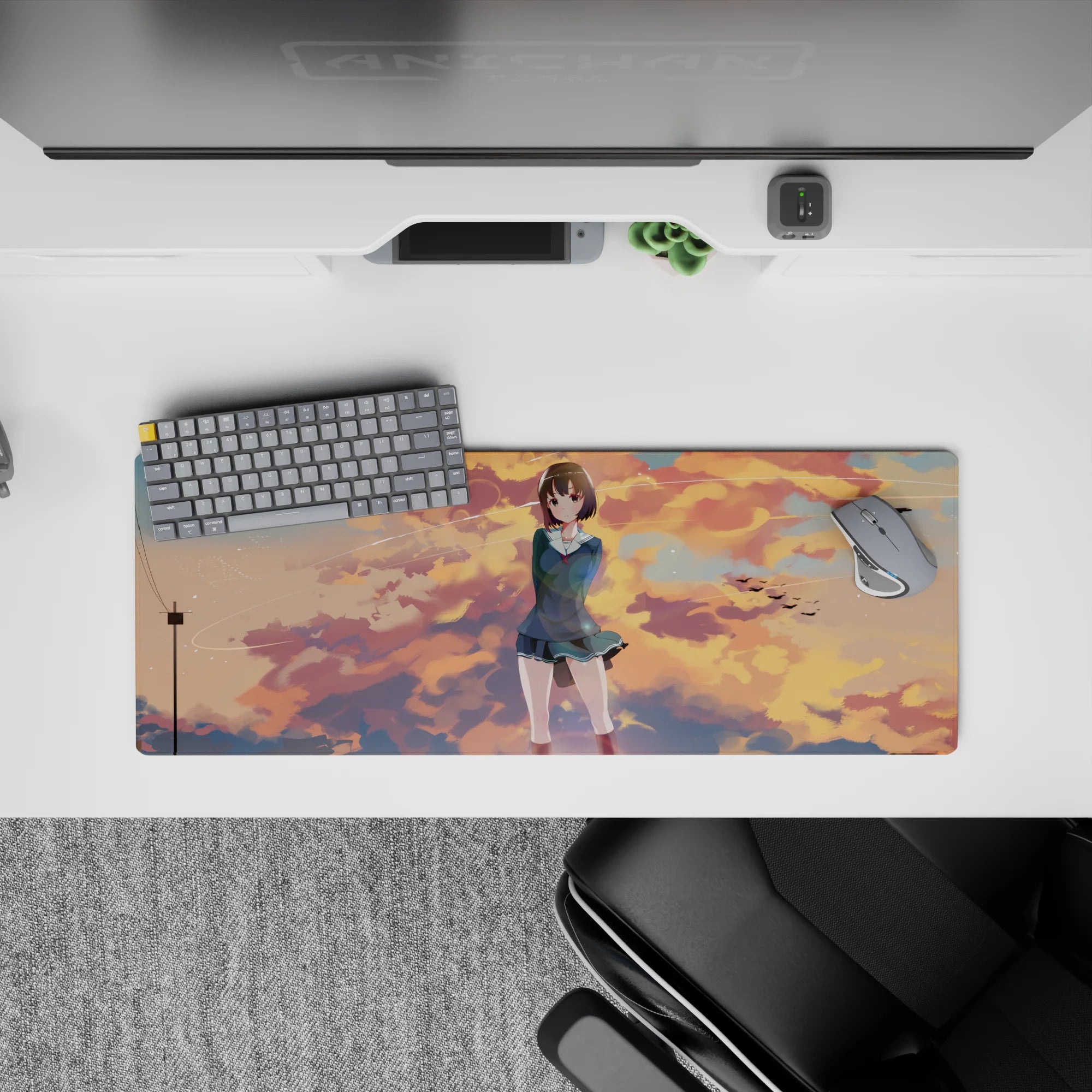 32x12 inches anime girl mouse pad in warm peach and gold sunset tones with cool blues for a cozy desk vibe.