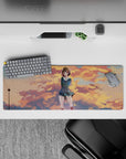 32x12 inches anime girl mouse pad in warm peach and gold sunset tones with cool blues for a cozy desk vibe.