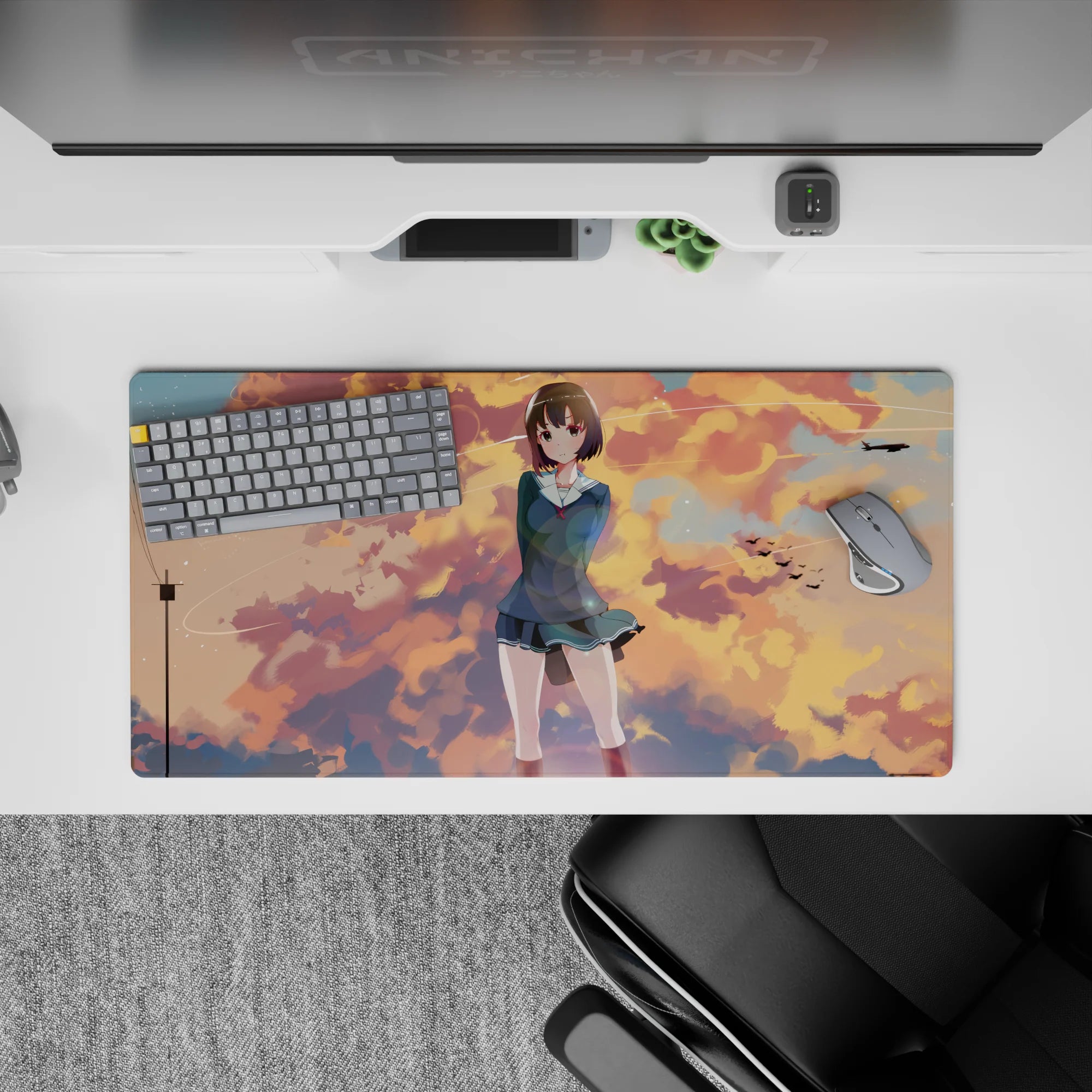 32x16 inches anime girl mouse pad in warm peach and gold with cool blue accents, calm dreamy vibe.