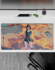 32x16 inches anime girl mouse pad in warm peach and gold with cool blue accents, calm dreamy vibe.