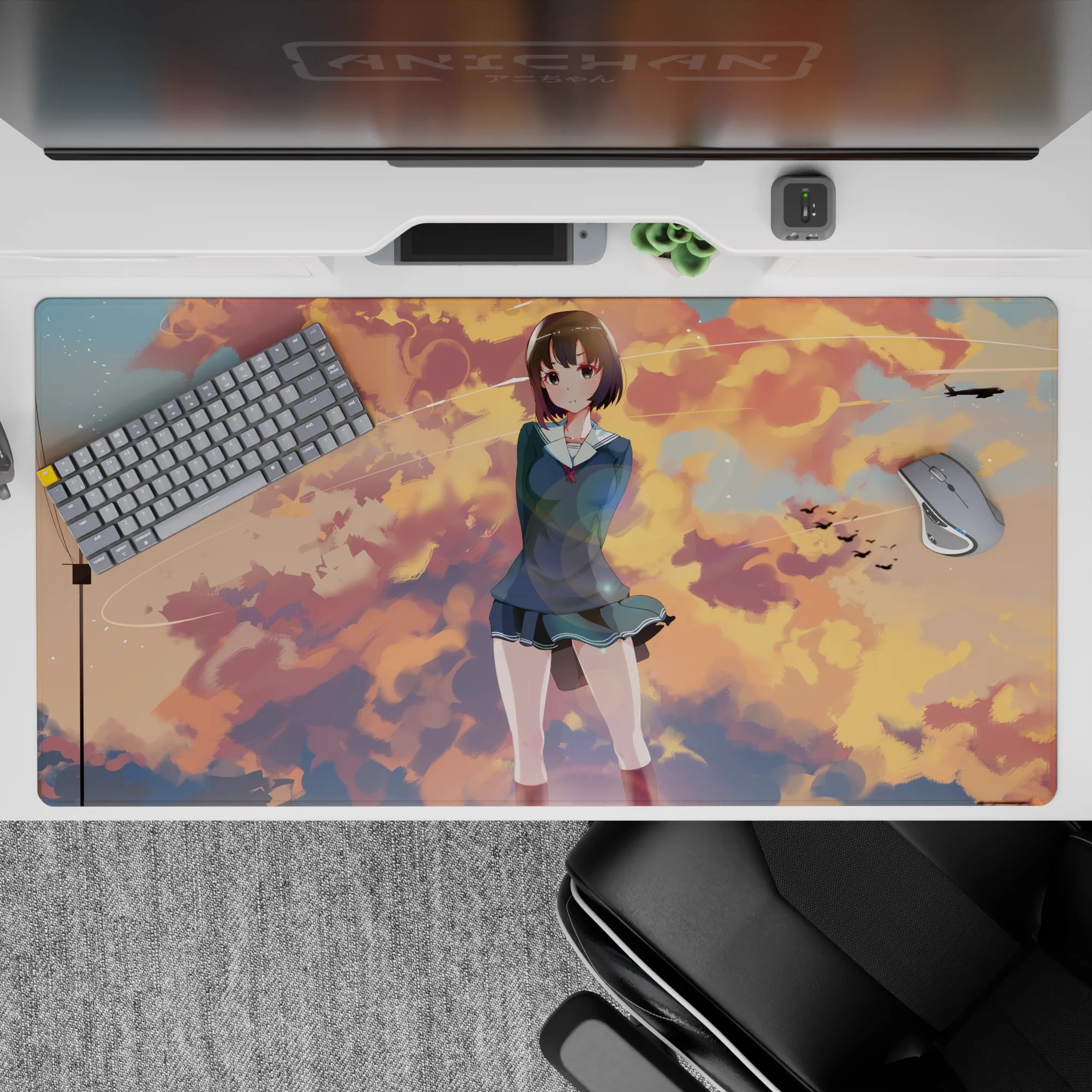 Cozy pastel anime desk pad 40x20 inches in peach, gold, and sky-blue tones for calm gaming.