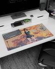 32x16 inches anime girl mouse pad showing a shy schoolgirl in teal as tiny birds drift across sunset clouds.