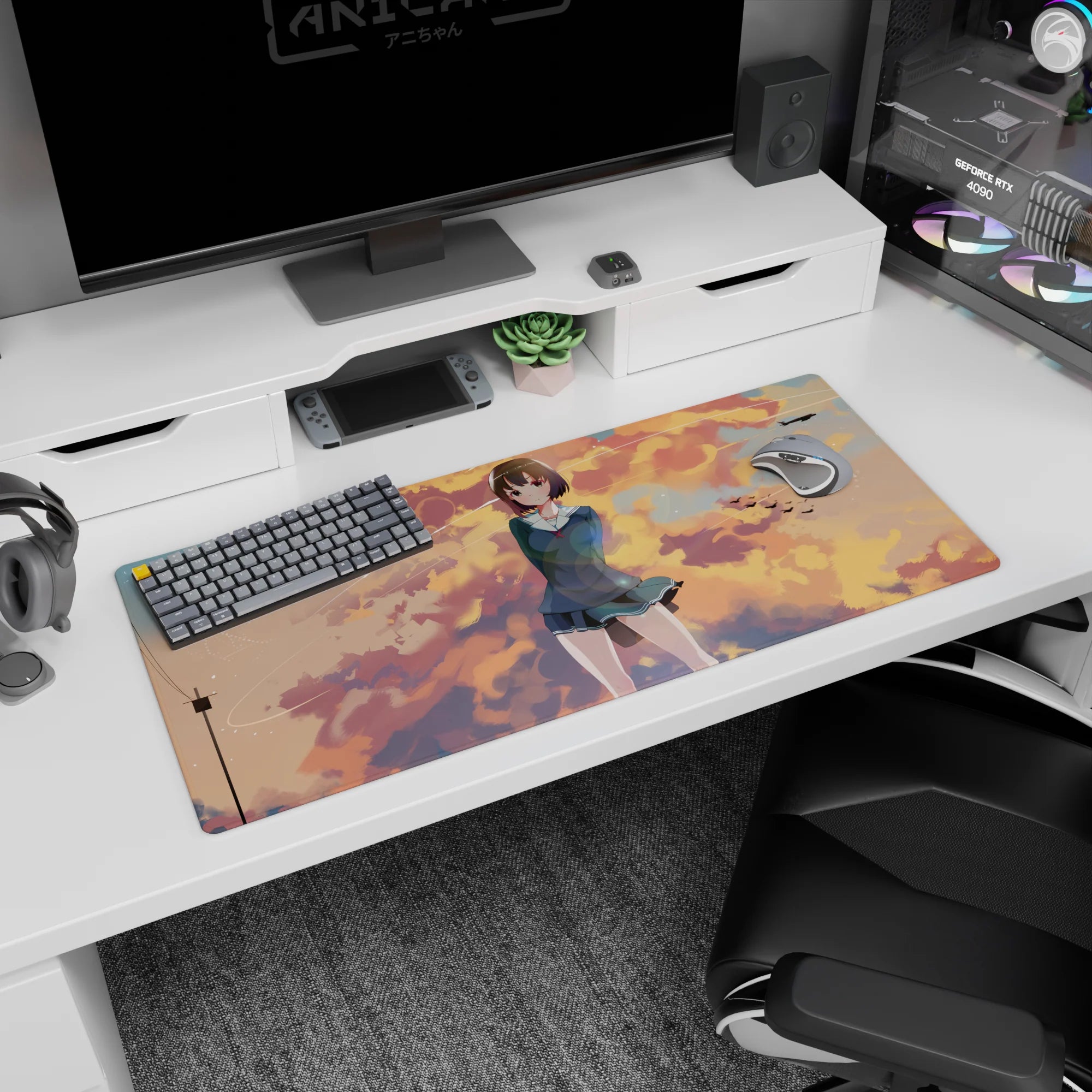 36x16 inches anime desk pad showing a bashful schoolgirl, orange cotton clouds, tiny birds drifting.