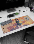 36x16 inches anime desk pad showing a bashful schoolgirl, orange cotton clouds, tiny birds drifting.