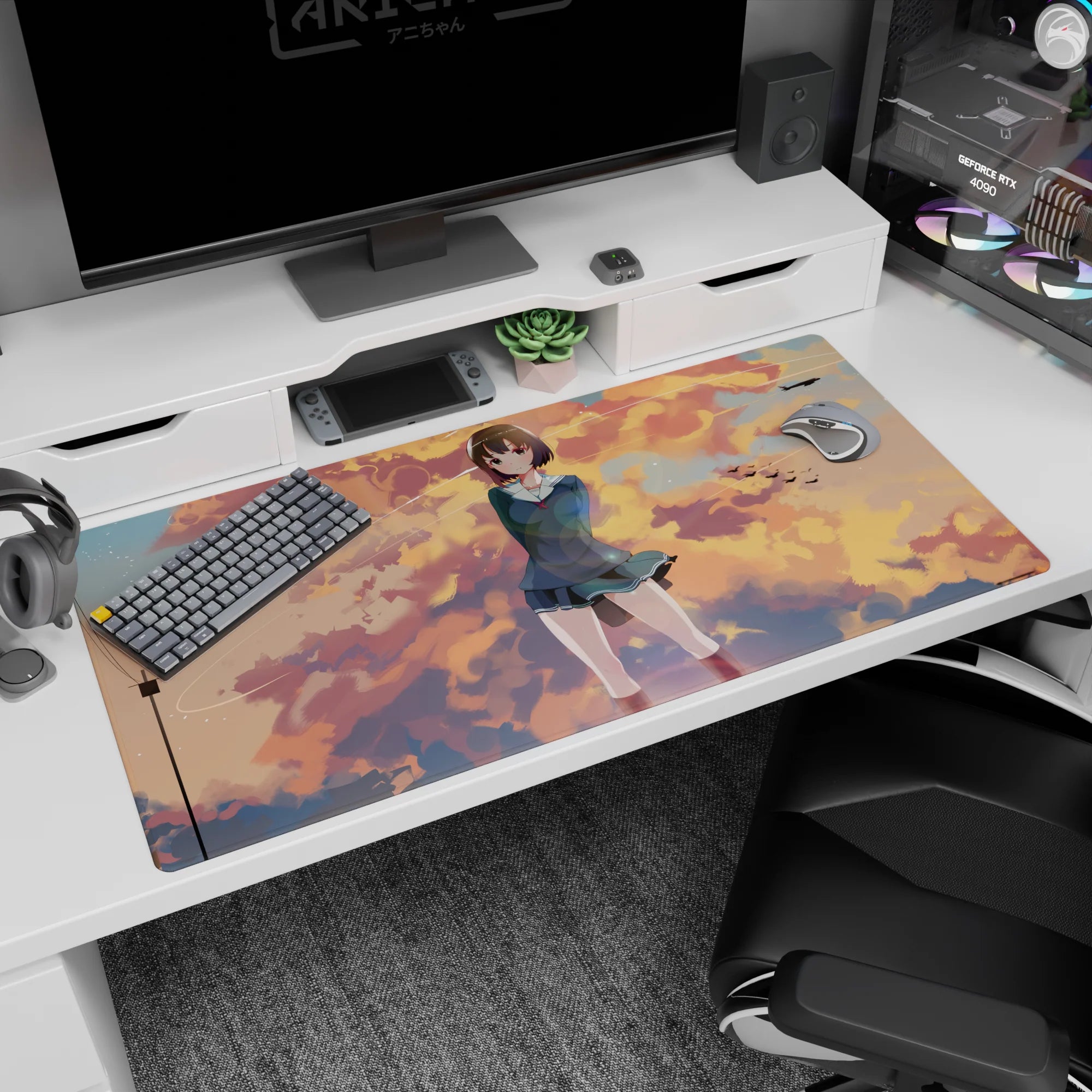Shy anime schoolgirl in teal uniform under cottony sunset clouds and birds on desk pad 40x20 inches.