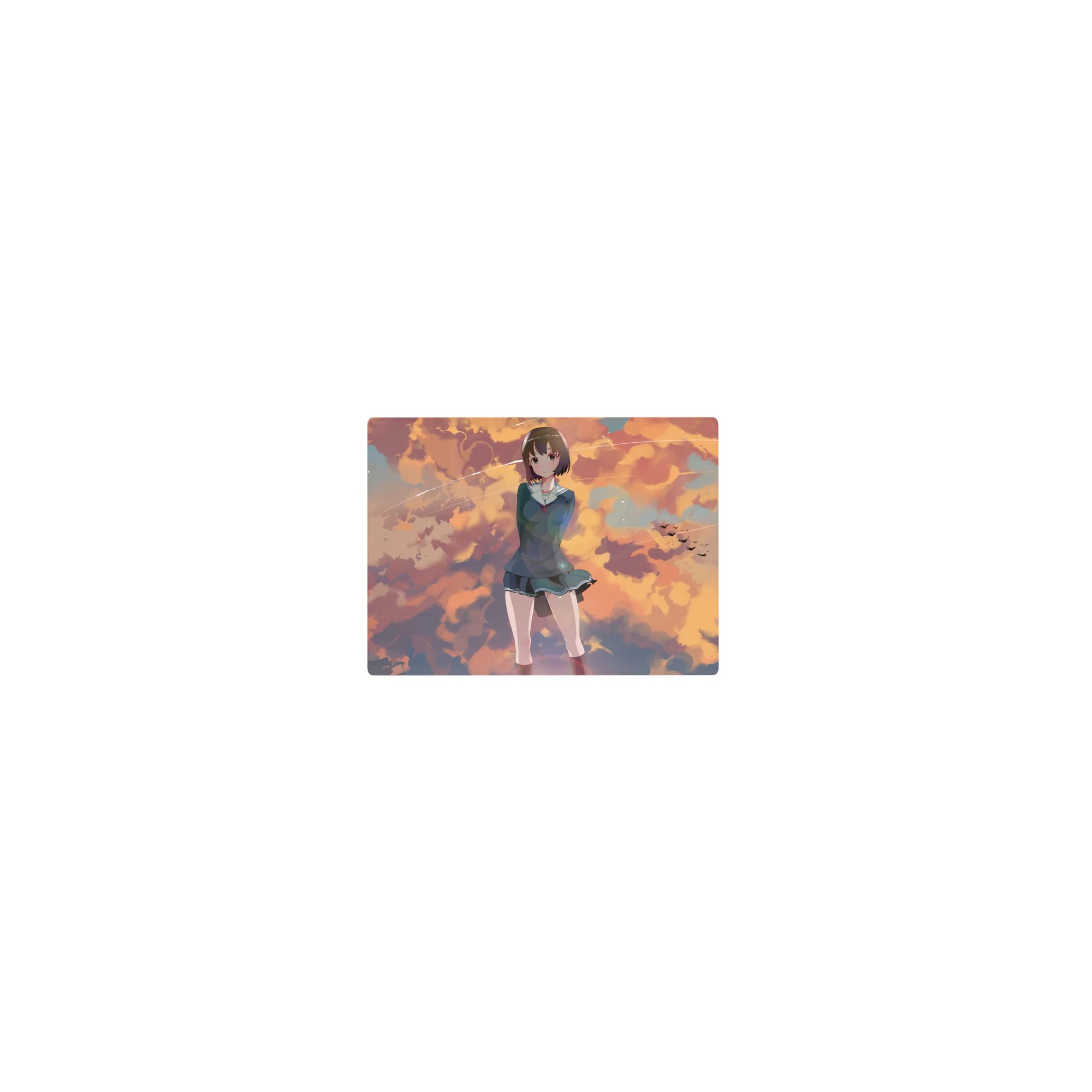 Classic anime girl mouse pad 14x10 inches with shy schoolgirl in teal uniform and sunset cloud sky.