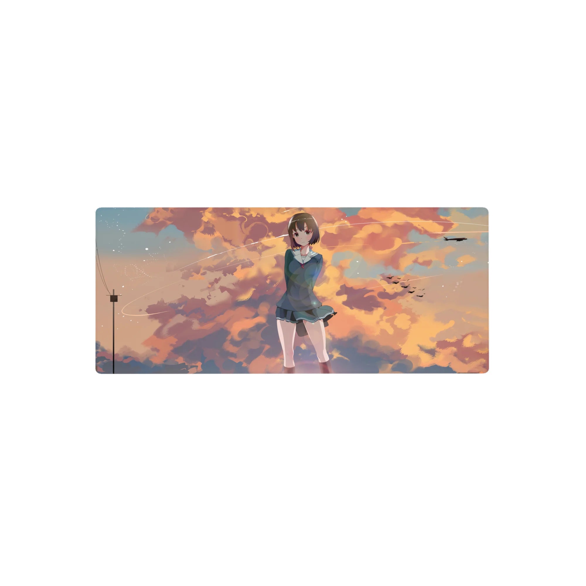 Anime girl mouse pad 28x12 inches with shy schoolgirl in teal uniform at sunset clouds and birds.
