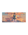 Anime girl mouse pad 28x12 inches with shy schoolgirl in teal uniform at sunset clouds and birds.