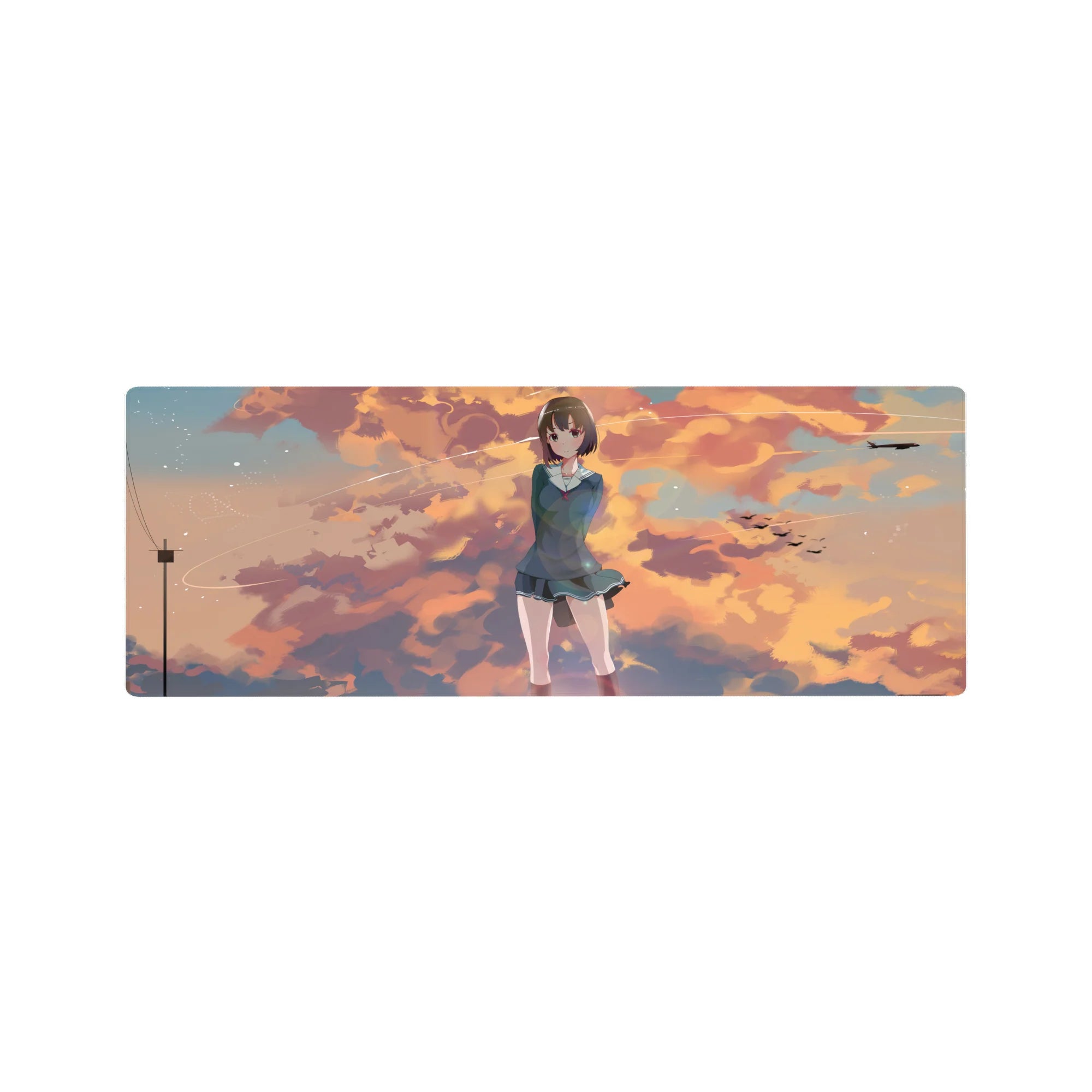 32x12 inches anime girl mouse pad with shy schoolgirl in teal uniform, sunset clouds, birds, and sky trails.