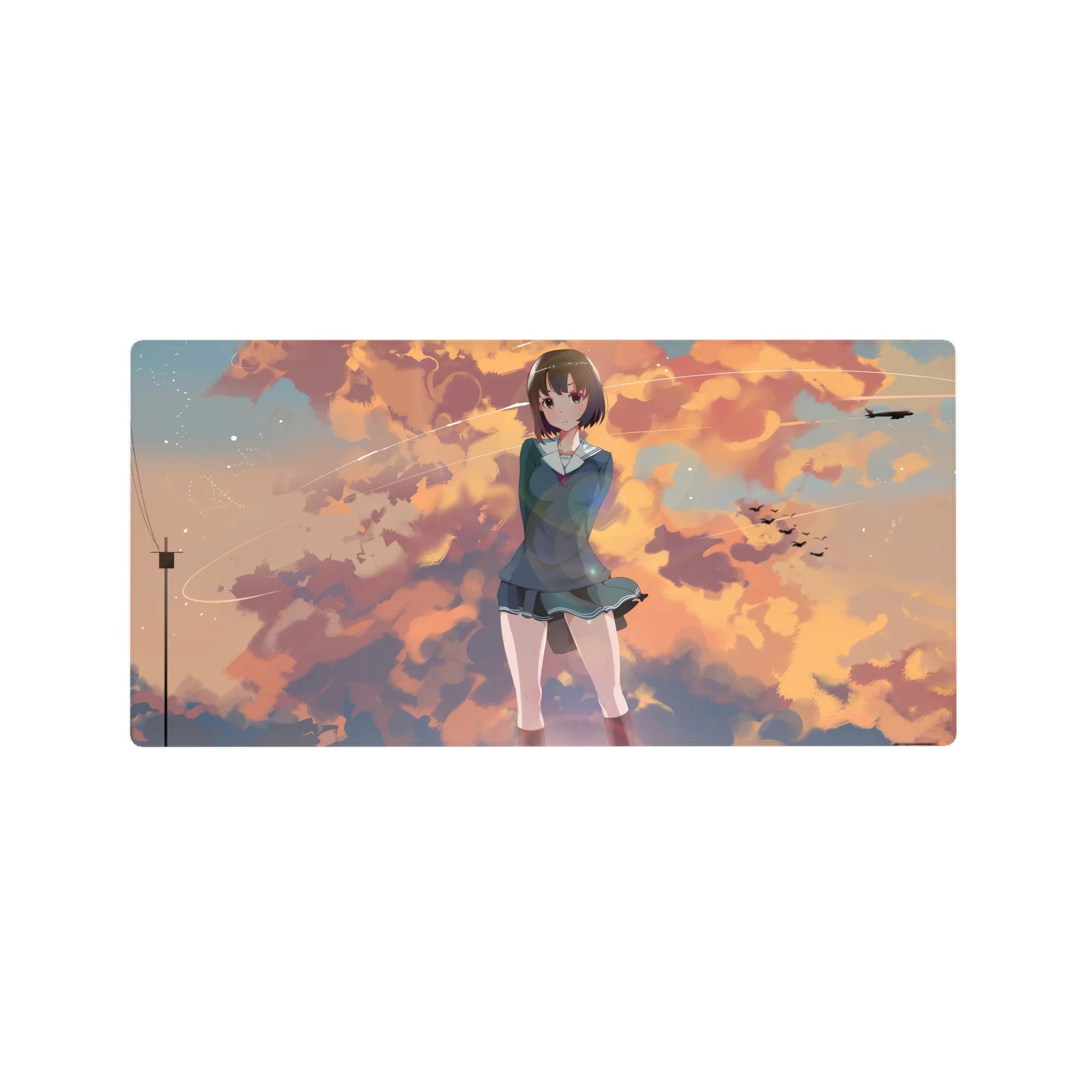 32x16 inches anime girl mouse pad with shy schoolgirl in teal uniform under orange clouded sunset sky.