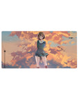32x16 inches anime girl mouse pad with shy schoolgirl in teal uniform under orange clouded sunset sky.