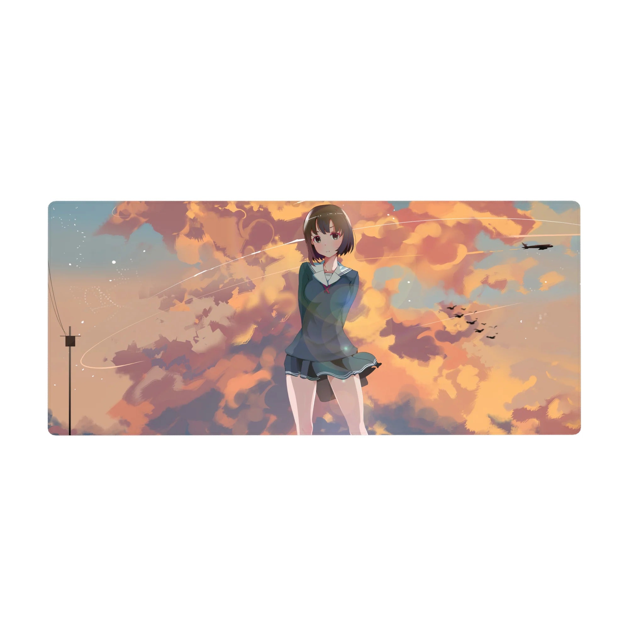Anime girl desk pad 36x16 inches with shy schoolgirl in teal uniform under dreamy sunset clouds.