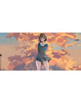 Anime girl desk pad 36x16 inches with shy schoolgirl in teal uniform under dreamy sunset clouds.