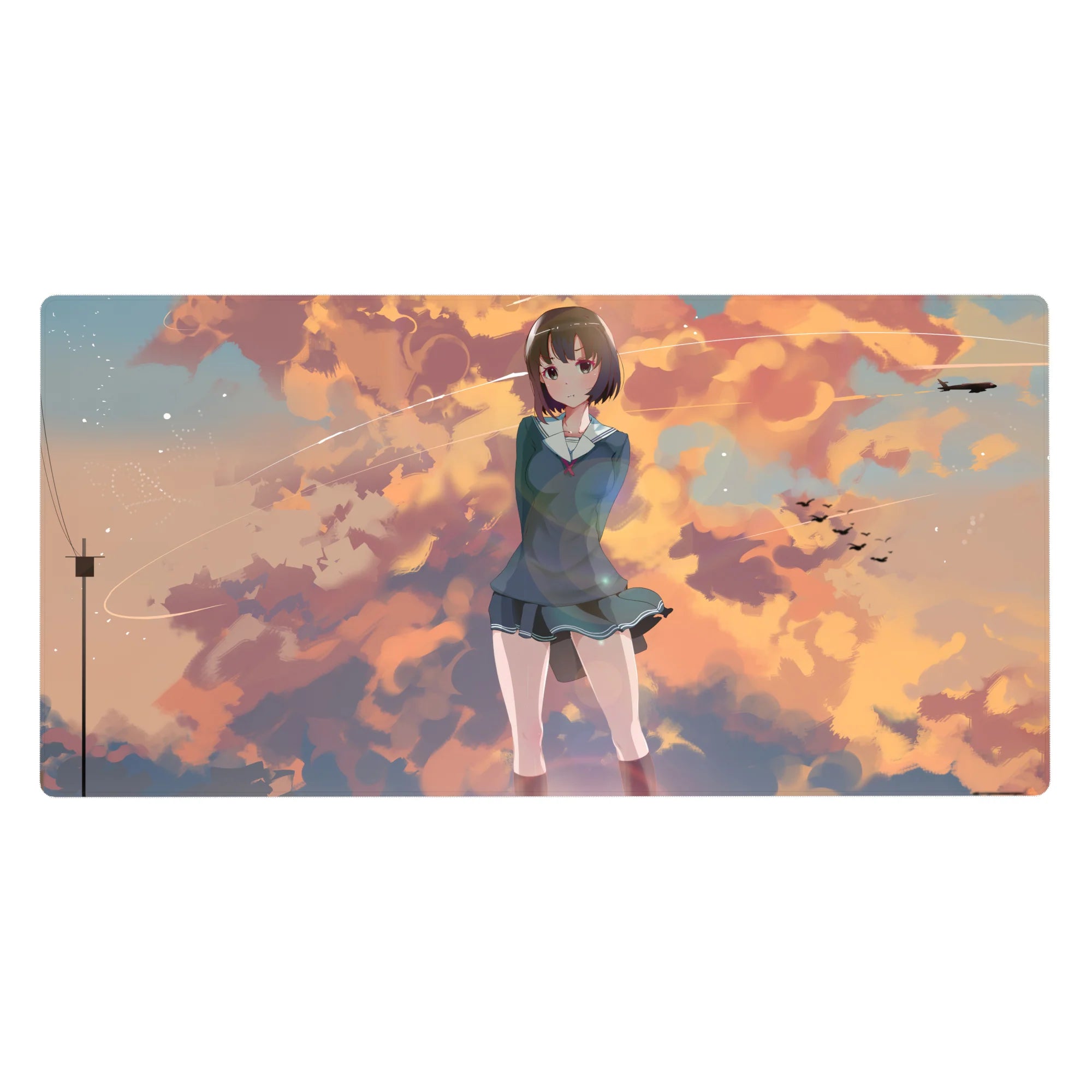 Anime girl desk pad 40x20 inches with shy schoolgirl in teal uniform against orange sunset clouds.