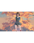Anime girl desk pad 40x20 inches with shy schoolgirl in teal uniform against orange sunset clouds.