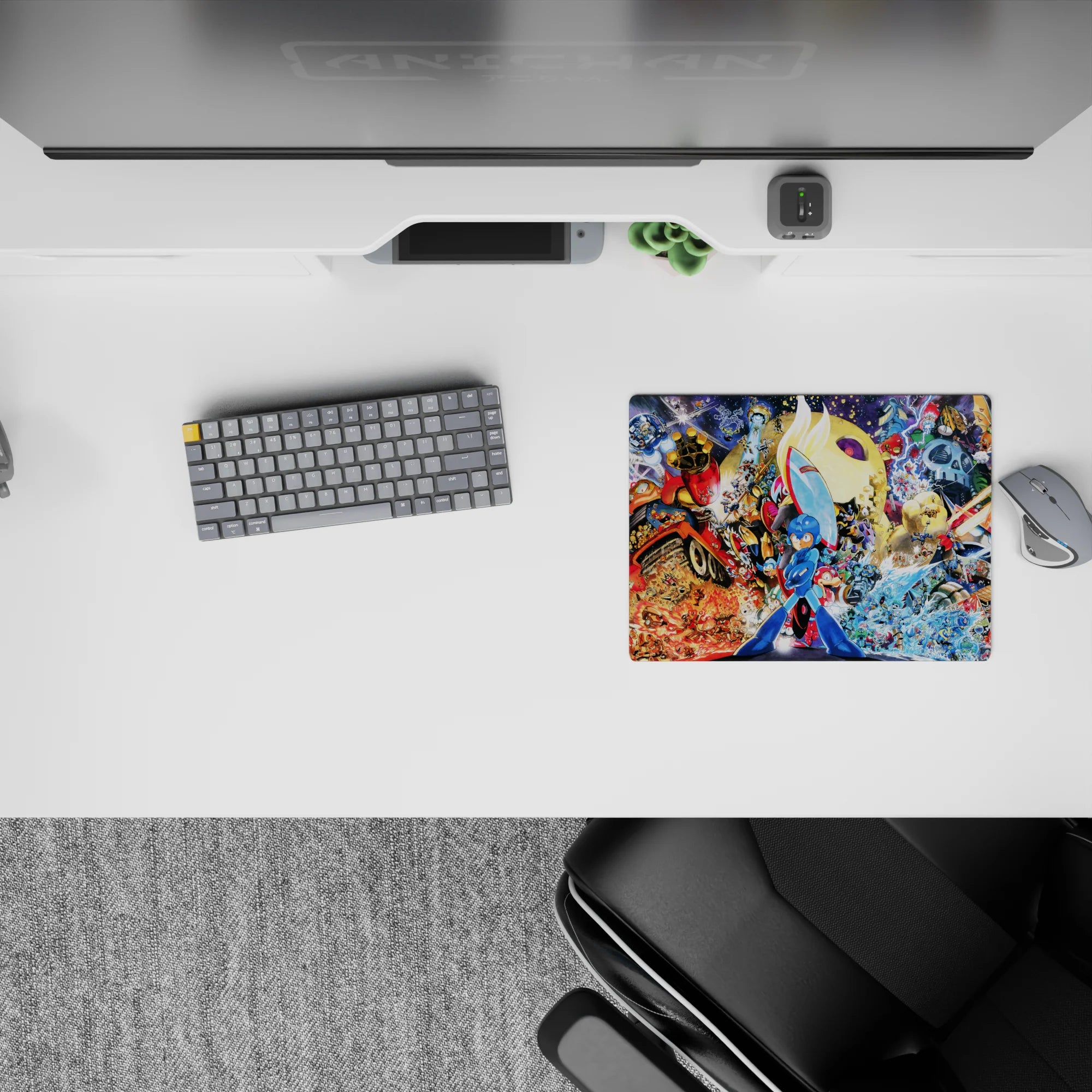 Vibrant anime mouse pad 14x10 inches in red fire and icy blue explosions with gold sparks and motion lines.