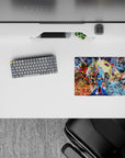 Vibrant anime mouse pad 14x10 inches in red fire and icy blue explosions with gold sparks and motion lines.