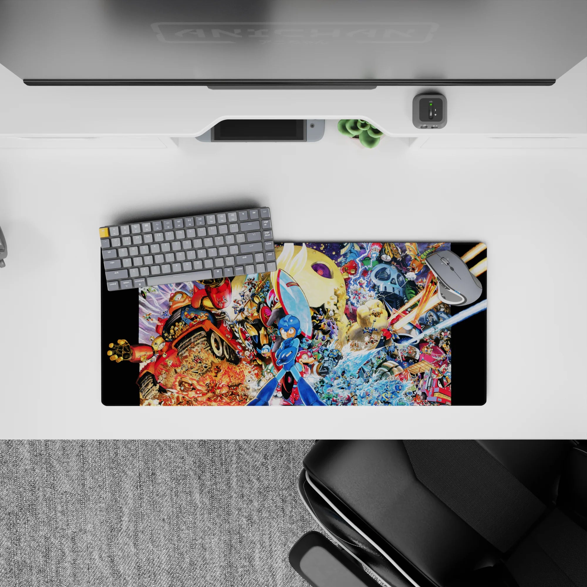 28x12 inches anime mouse pad in fiery reds and icy blues with gold sparks and high-energy action.
