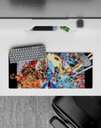 28x12 inches anime mouse pad in fiery reds and icy blues with gold sparks and high-energy action.