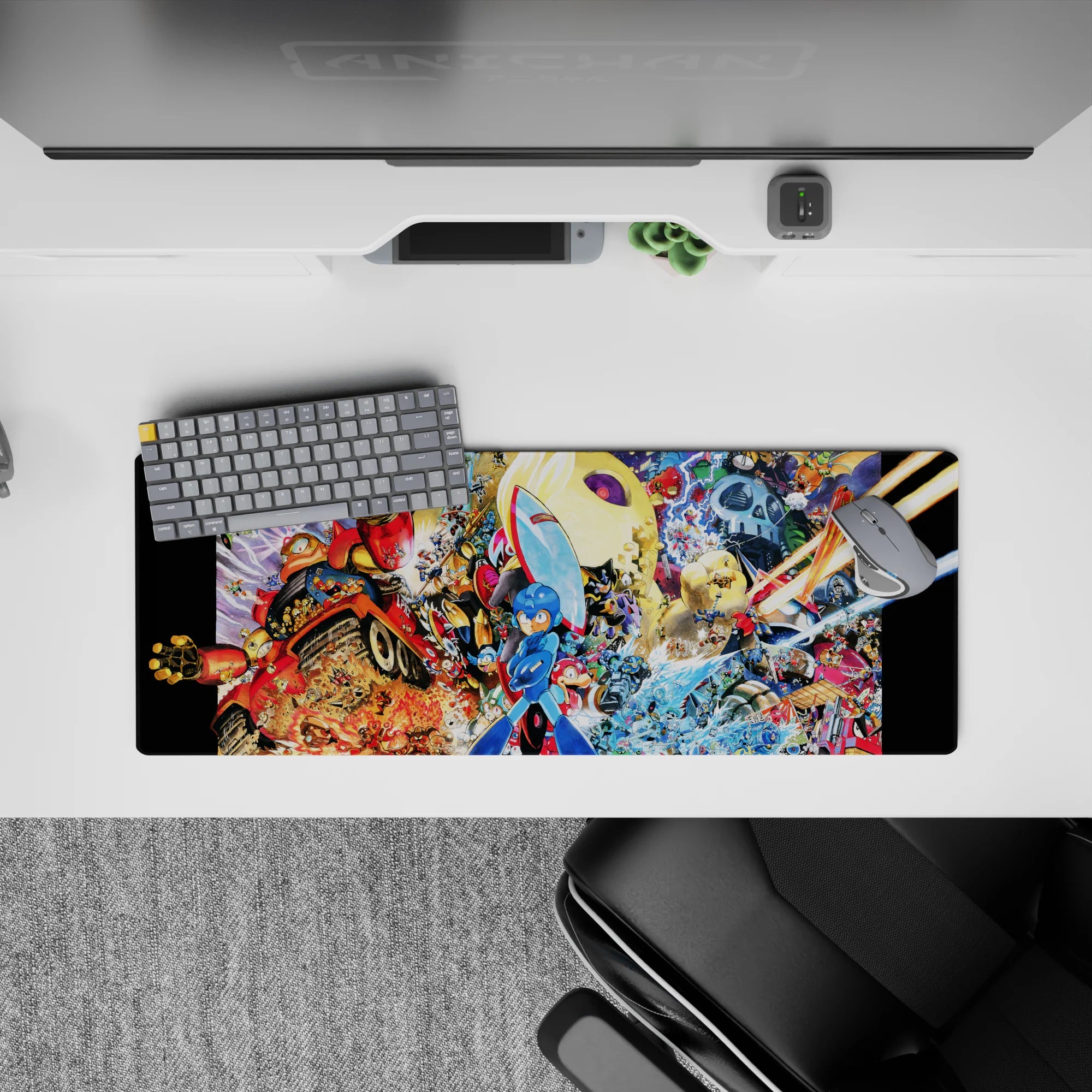 32x12 inches anime mouse pad in fiery reds and icy blues with gold sparks, bold action-packed vibe.